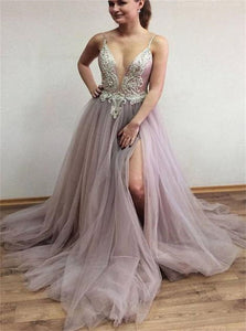 A Line V Neck Tulle Backless Slit Prom Dresses With Beadings