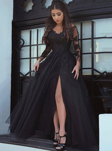 A Line V Neck Appliques Tulle Long Sleeves Prom Dresses LBQ3780