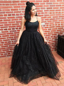 A Line Black Tulle Sequins Lace Up Prom Dresses