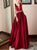 A Line Satin Wine Red V Neck Open Back Prom Dresses