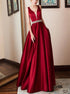 A Line Satin Wine Red V Neck Open Back Prom Dress with Beading Belt LBQ3422