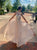A Line High Neck Champagne Appliques Tulle Prom Dresses