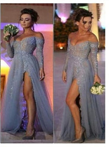 Off the Shoulder Appliques Grey Long Sleeves Prom Dresses