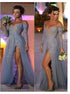 Off the Shoulder Appliques Grey Long Sleeves Prom Dress LBQ1889