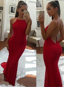 Spaghetti Straps Backless Red Mermaid Prom Dresses