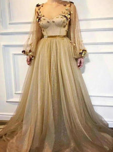 A Line Scoop 3D Flowers Long Sleeve Golden Rhinestone Tulle Prom Dresses 