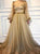 A Line Scoop 3D Flowers Long Sleeve Golden Rhinestone Tulle Prom Dresses 