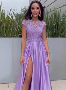 A Line Satin Scoop Short Sleeves Beading Open Back Prom Dresses