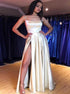A Line Spaghetti Straps Lace Up Satin Prom Dresses with Slit LBQ3489