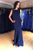 Mermaid Bateau Backless Sweep Train Dark Blue Satin Prom Dresses