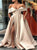 A Line Champagne Off Shoulder Satin Side Slit Prom Dresses