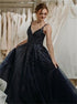 A Line V Neck Black Appliques Tulle Prom Dresses LBQ4038