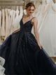 A Line V Neck Black Appliques Tulle Prom Dresses