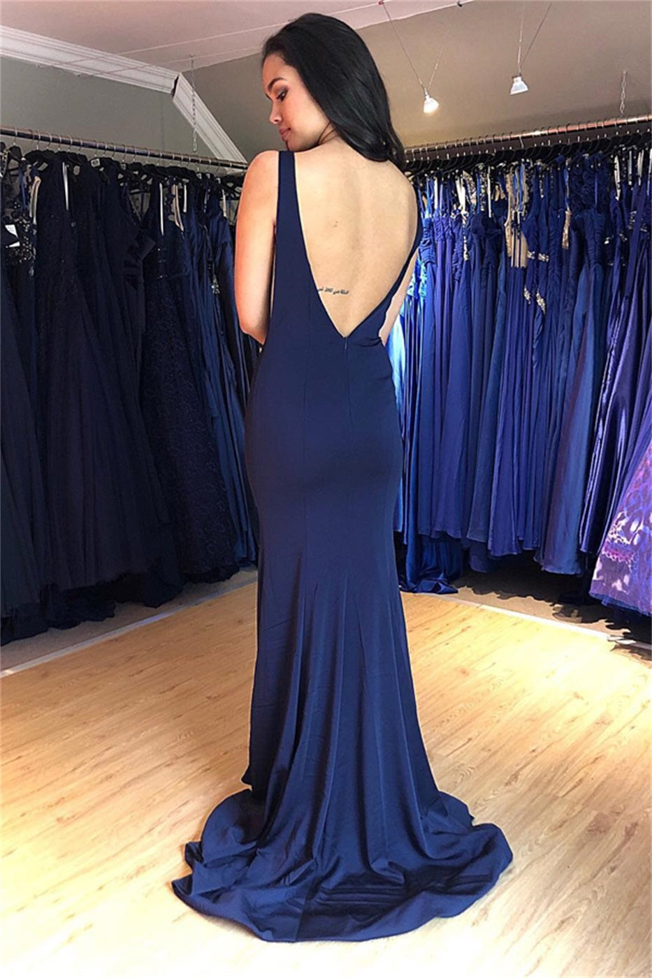 Mermaid Bateau Backless Dark Blue Satin Prom Dresses| Alinepromdress Mermaid Bateau Backless Dark Blue Satin Prom Dresses| Alinepromdress