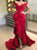 Ruffles Sweep Train Red Evening Dresses with Slit