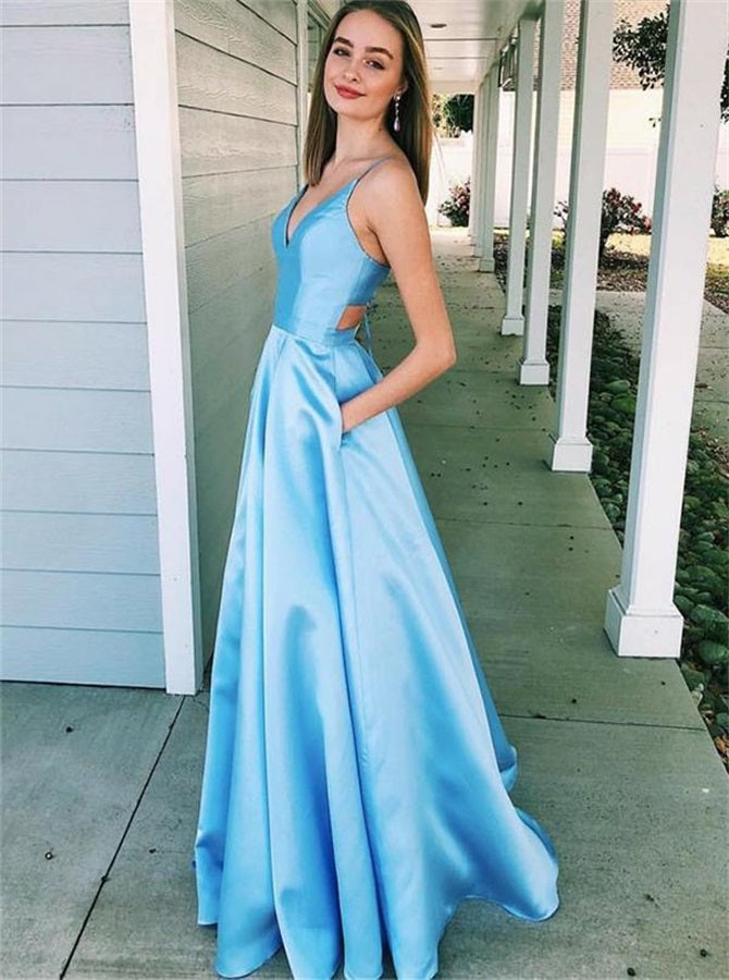 A Line V Neck Light Blue Satin Prom Dresses with Pockets | Alinepromdress A Line V Neck Light Blue Satin Prom Dresses with Pockets | Alinepromdress