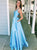 A Line V Neck Light Blue Satin Prom Dresses with Pockets