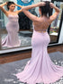 Mermaid Lace Up Spaghetti Straps Pleats Lavender Satin Prom Dress LBQ3178