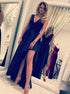 A Line V Neck High Low Sleeveless V Neck Black Satin Prom Dress LBQ3006