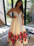 A Line Spaghetti Straps Satin White Printed Prom Dress with Pleats LBQ3324