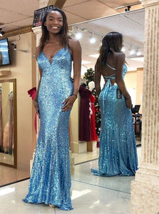Mermaid Sequined V Neck Lace Up Prom Dresses