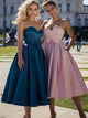 A Line Tea Length Sweetheart Pink Satin Prom Dresses