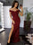 Mermaid Off the Shoulder Burgundy Satin Prom Dresses with Slit