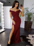 Mermaid Off the Shoulder Burgundy Satin Prom Dress with Slit LBQ4250