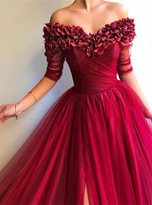 Burgundy Sweetheart Tulle Appliques Prom Dress with Slit