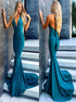V Neck Mermaid Backless Satin Prom Dress LBQ3793