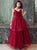 A Line V Neck Red Spaghetti Straps Tulle Ruffles Prom Dresses LBQ4315