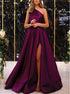 A Line One Shoulder Pleats Slit Satin Prom Dresses LBQ3760