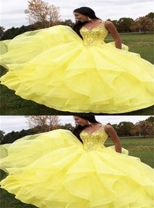 A Line V Neck Appliques Yellow Tulle Prom Dresses
