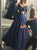 A Line Off the Shoulder Long Sleeves Dark Navy Satin Appliques Prom Dress