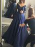 A Line Off the Shoulder Long Sleeves Dark Navy Satin Appliques Prom Dress LBQ3876