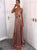 A Line V Neck Rose Gold Sequins Prom Dresses with Split