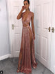 A Line V Neck Rose Gold Sequins Prom Dresses with Split