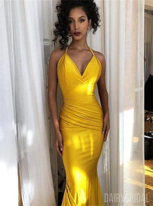 Mermaid Spaghetti Straps Yellow Satin Pleated Prom Dresses