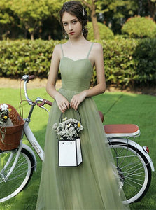 A Line Sweetheart Tulle Green Lace Up Prom Dresses