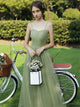 A Line Sweetheart Tulle Green Lace Up Prom Dresses