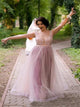 A Line V Neck Appliques Lace Tulle Prom Dresses 