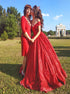 Red Ball Gown Off the Shoulder Satin Pleats Prom Dresses LBQ4108