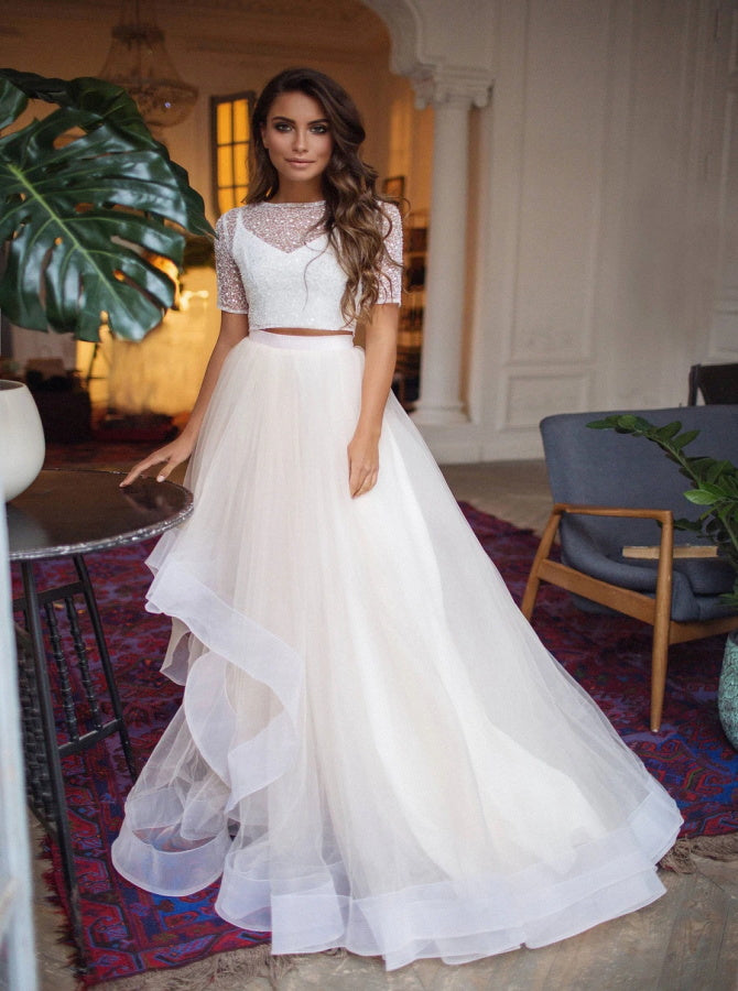 A Line Two Piece Tulle Ruffles Half Sleeves Prom Dresses | Alinepromdress A Line Two Piece Tulle Ruffles Half Sleeves Prom Dresses | Alinepromdress