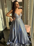 A Line Dark Grey Spaghetti Straps Beadings Lace Up Satin Prom Dress LBQ3509