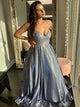 A Line Spaghetti Straps Beadings Lace Up Satin Prom Dresses