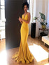 Mermaid Spaghetti Straps Yellow Satin Pleated Prom Dresses LBQ3781