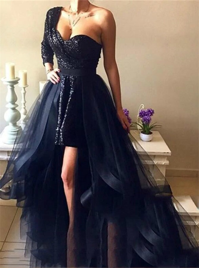 A Line Tulle Sequins One Shoulder One Long Sleeve Prom Dresses | Alinepromdress A Line Tulle Sequins One Shoulder One Long Sleeve Prom Dresses | Alinepromdress