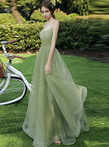 A Line Sweetheart Tulle Green Lace Up Prom Dress LBQ3583