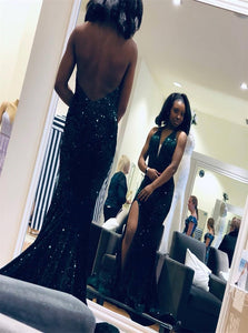 Mermaid Halter Backless Sequins Green Prom Dresses with Slit