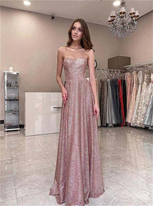 A Line Sweetheart Glitter Sequin Pink Prom Dresses